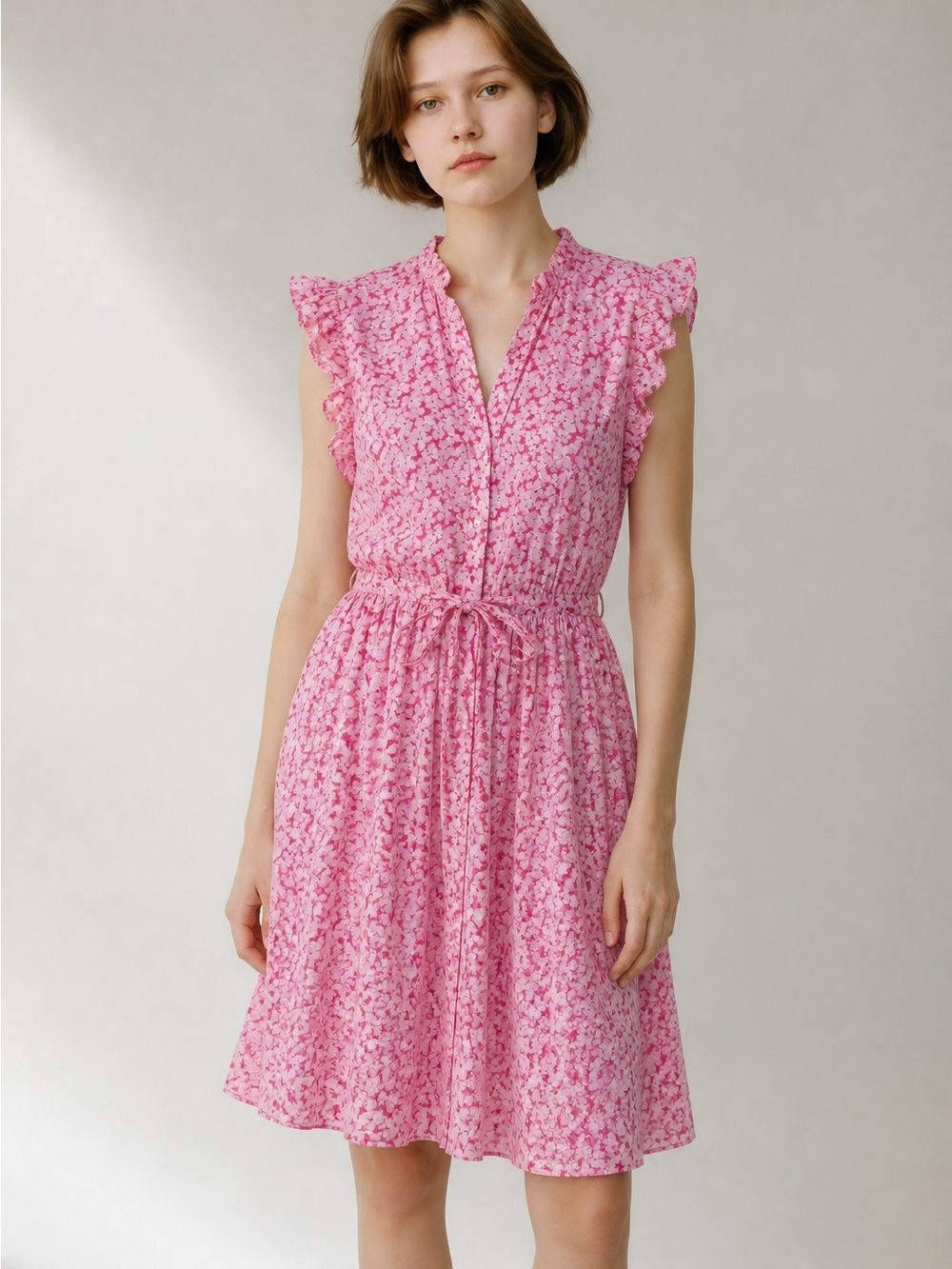 Pink Floral Tie-Waist Dress with Ruffle Sleeves